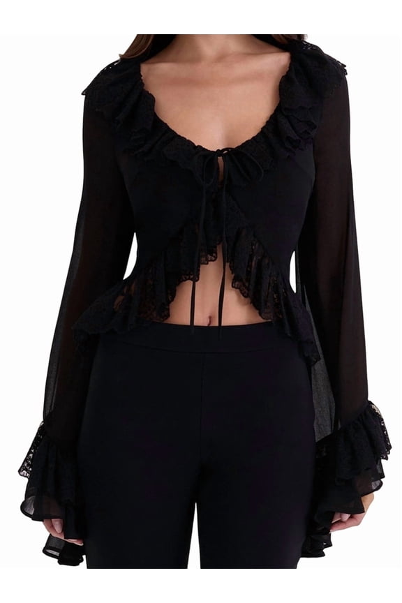 Womens Ruffle Chiffon Top Slim Fit Tie Front Sheer See Through Flared Sleeve Cardigan Blouse Black L