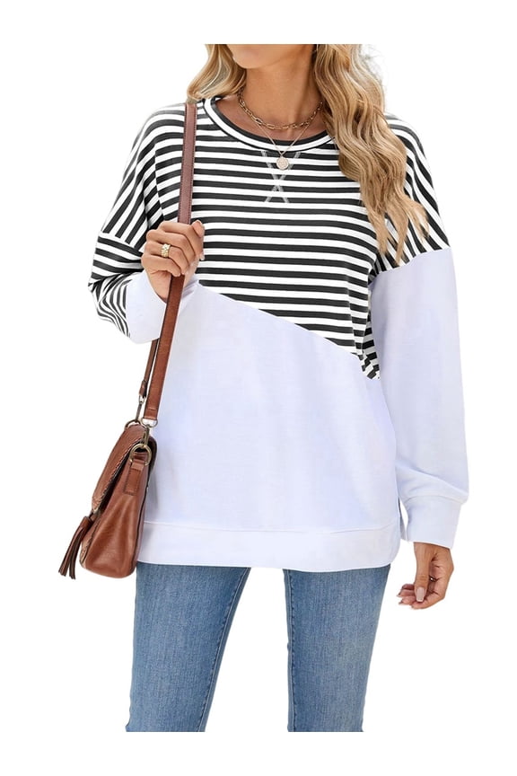 Womens Striped Color Block Tunic Side Spring Long Sleeve T-Shirts Sweatshirt Crewneck Loose Trendy Black & White XXL