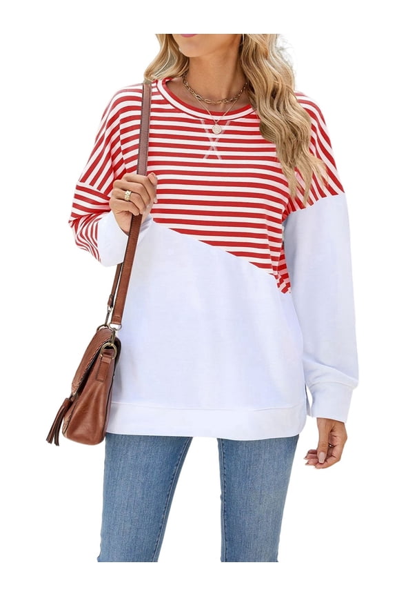 Womens Striped Color Block Tunic Side Spring Long Sleeve T-Shirts Sweatshirt Crewneck Loose Trendy Red & White L Red & White