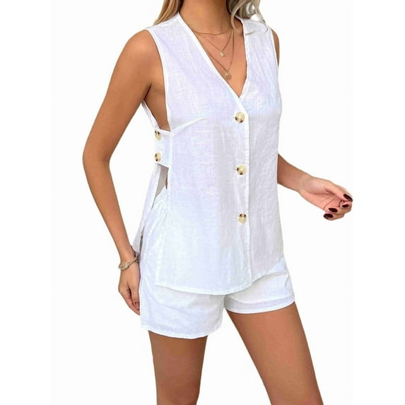 Osfvolr Womens Summer Vacation Outfits Beach Travel Cruise Resort Wear 2 Piece Short Sets Casual Tank Tops and Shorts White XL