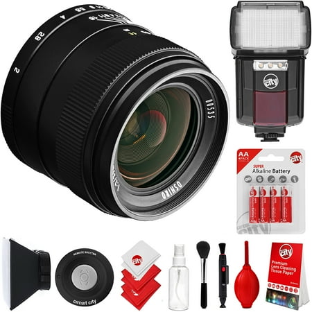 Oshiro 35mm f/2 LD UNC AL Wide Angle Full Frame Prime Lens for Sony E-Mount FE Mirrorless Camera Bundle with Circuit City CC-125 Automatic Universal Flash with LED Video Light & Accessories (5 Items)