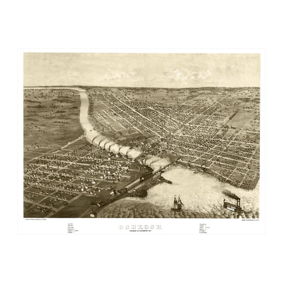 Oshkosh Art, 1867 Vintage Map of Oshkosh Wisconsin, WI History Wall Decor Gift, Old Oshkosh Map - 24" x 18" Unframed Print