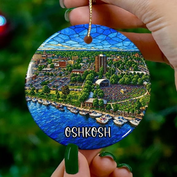 Oshkosh Wisconsin Faux Stained Glass Style Ornament Wi Souvenir Vacation Travel Gift Holiday Christmas Decor 2D FLAT Ceramic Ornament