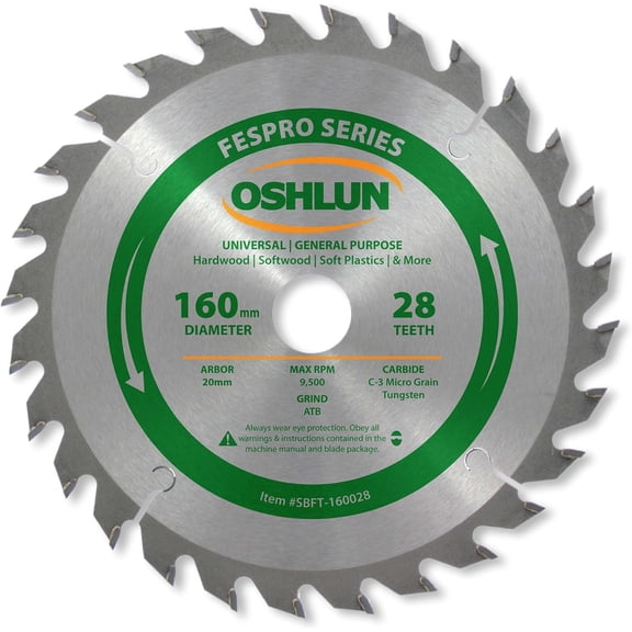 Oshlun SBFT- 160mm 28 Tooth FesPro Purpose ATB Saw Blade with 20mm Arbor for Festool TS 55 EQ, DeWalt DWS520, and Makita SP6000K 28 Tooth Universal