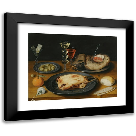 Osias Beert the Elder 18x15 Black Modern Framed Museum Art Print Titled - A Still Life of a Roast Chicken, a Ham and Olives on Pewter Plates with a Bread Roll, an Orange, Wineglasses and a R