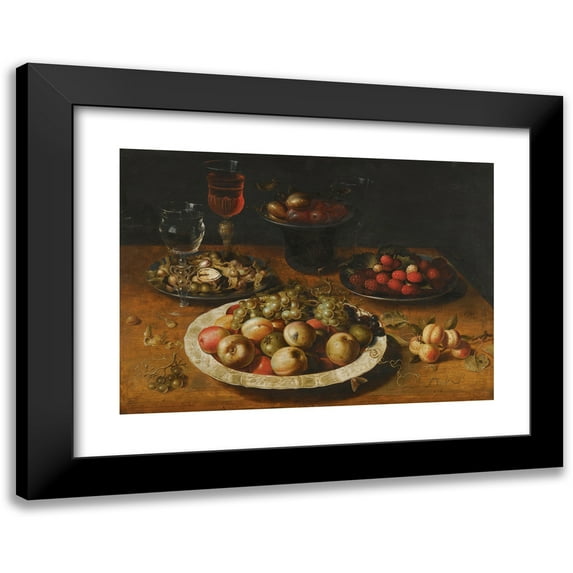 Osias Beert the Elder 14x11 Black Modern Framed Museum Art Print Titled - A Still Life of Apples and Grapes in a Blue-And-White Porcelain Bowl,