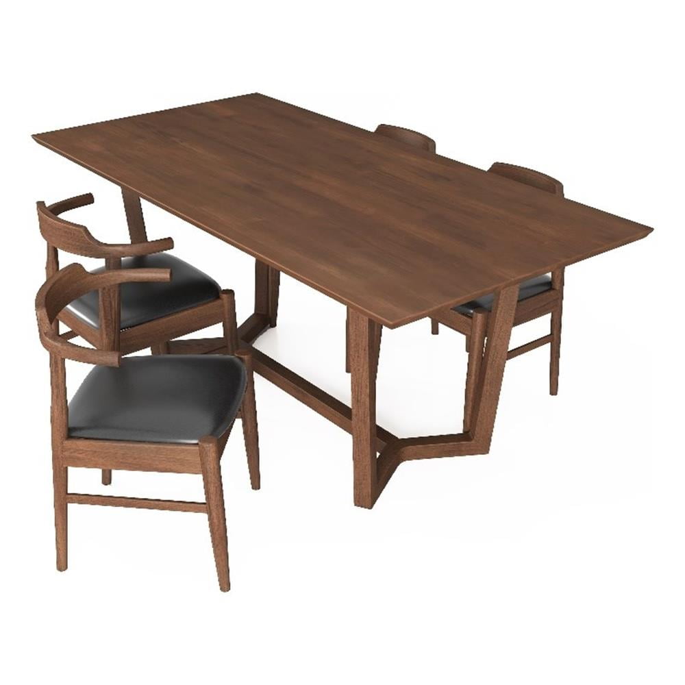 Walnut Solid Wood Dining Table with Black Upholstered Chairs, Set of 4