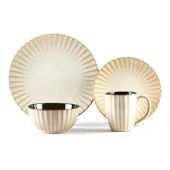 Osita Strip Stoneware 16pc Dinnerware Set, Reactive Golden Cream - Service for 4, Dinner Plates, Salad Plates, Bowls & Mugs - Durable & Dishwasher Safe