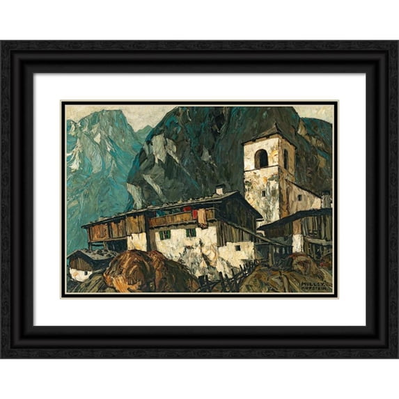Oskar Mulley 18x14 Black Ornate Wood Framed Double Matted Museum Art Print Titled - Mountain Church and Farm (C. 1925)