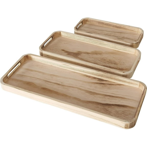Oslo 3 Piece Rounded Edge Tray Set, Foxglove Wood, Natural Grain, Clear Stain, Cut Out Handles, Rectangular, 11.75, 15.75 and 19.75 Inches