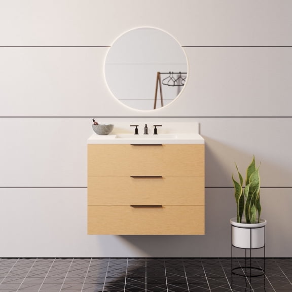 Oslo 30" Floating Wall Mounted Bathroom Vanity with Blonde Veneer Cabinet and Matte White Top