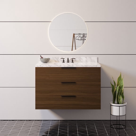 Oslo 36" Floating Wall Mounted Bathroom Vanity with Walnut Cabinet and Carrara Marble Top