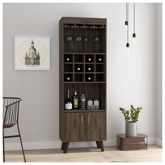 Oslo Bar Cabinet, Twelve Built-in Wine Rack, Double Door Cabinet, Two Shelves -Dark Walnut Black + Dark Walnut + Particle Board + Particle Board