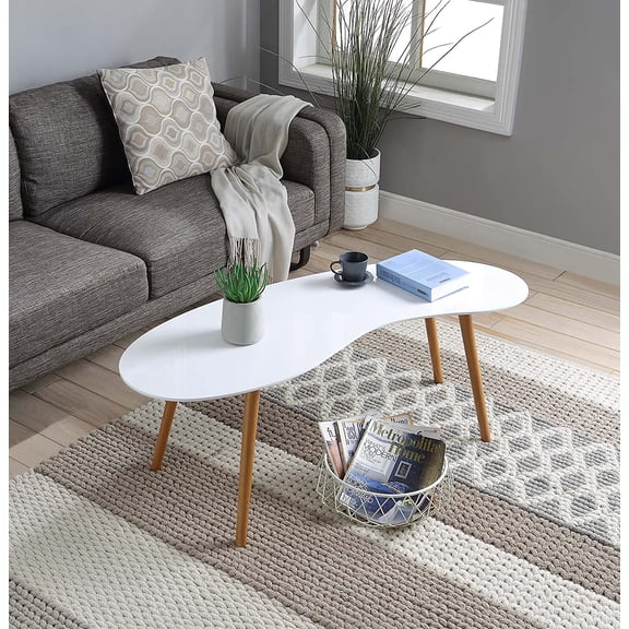 Oslo Bean Coffee Table 47.25" - Mid- Modern, Minimalist, Irregular-Shaped Abstract Living Room Table, White/Natural