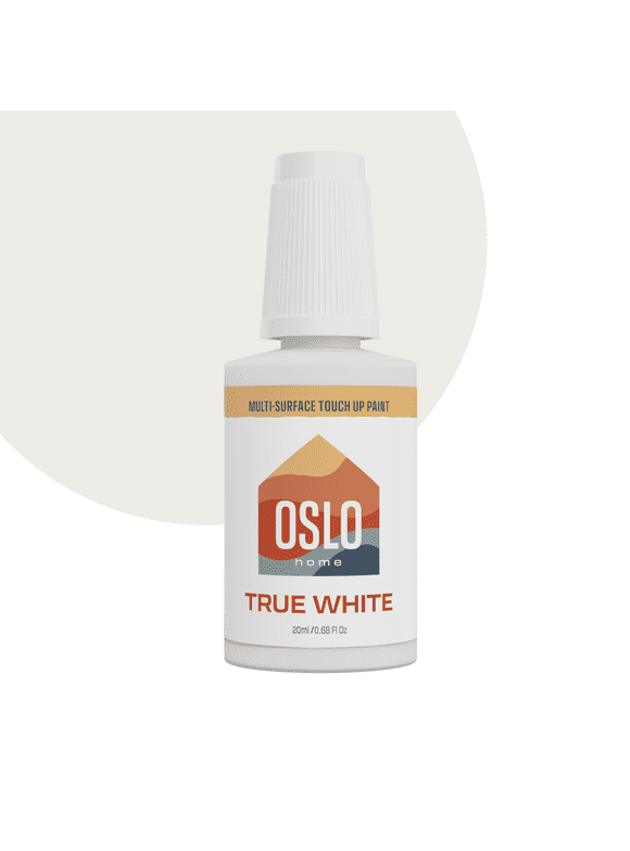 Oslo Home Touch Up Paint, 20ml True White Matte Finish, Made in USA, w/ brush in bottle, quick drying, self-priming, for rental and home repairs, walls, trim, kitchen cabinets, furniture, and more