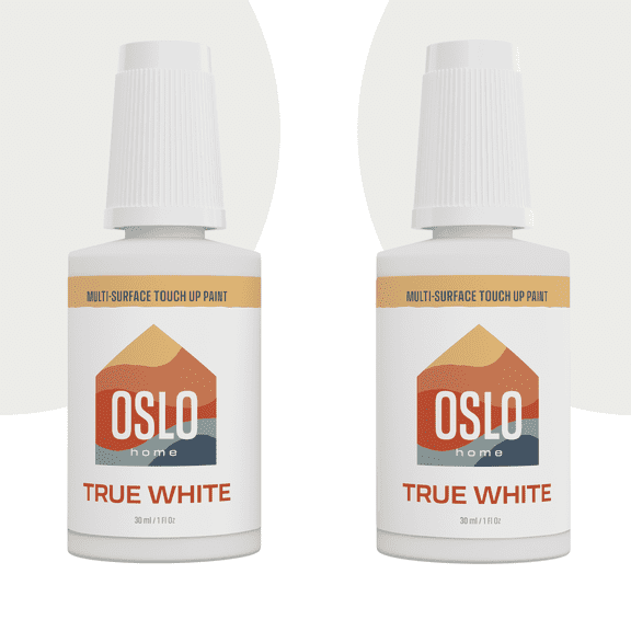 Oslo Home Touch Up Paint, True White, two 1oz., Satin, w/brush in bottle, Quick drying, for Home repairs, Kitchen Cabinets, Walls
