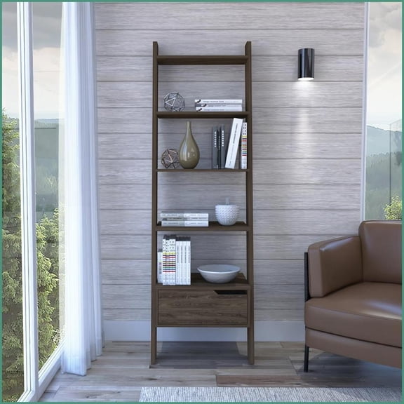 Bookcase, Modern Wall-Mounted Ladder with 5 Open Shelves & 1 Drawer - Walnut Brown | Particle Board