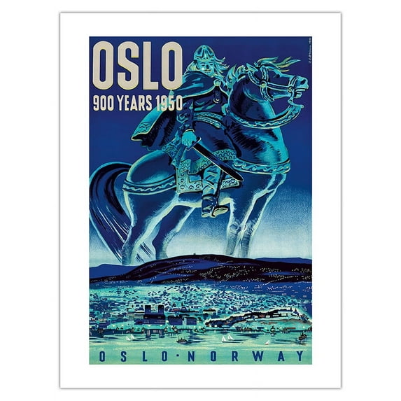 Oslo Norway - 900 Years 1950 - Viking on Icelandic Horse - Vintage Travel Poster by A. O. Brunn c.1950 - Fine Art Matte Paper Print (Unframed) 18x24in