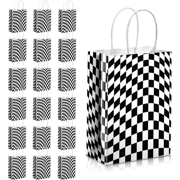 Osmanthus 16 Pcs Checkered Racing Treat Bags Race Car Party Favors with Handles Black and White Checkered Flag Candy Goodie Gift Bags for Themed Birthday Party Supplies