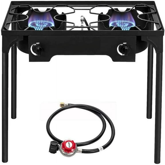 Osmanthus 2 Burner Outdoor Portable Propane Stove Gas Cooker, Heavy Duty Iron Cast Patio Burner with Detachable Stand Legs for Camp Cooking (2-Burner 150,000-BTU)