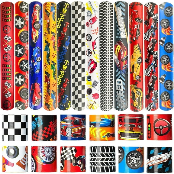 Osmanthus 24 Pcs Race Car Party Decorations Favors Racing Bracelet Racing Wristbands Bracelet Checkered Slap Bracelets Dirt Bike Task Game Decorations Car Birthday Party Supplies