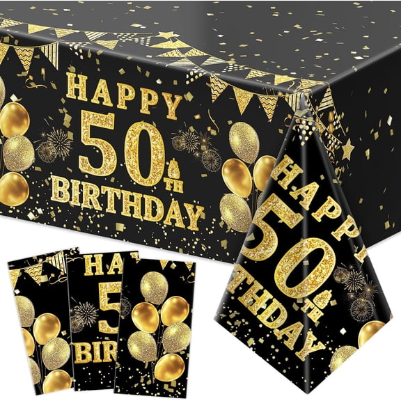 Osmanthus 3 Pack 50th Birthday Tablecloth, Black and Gold Happy 50th Birthday Decorations, Disposable Plastic Rectangular Table Cover Party Supplies for Men Women