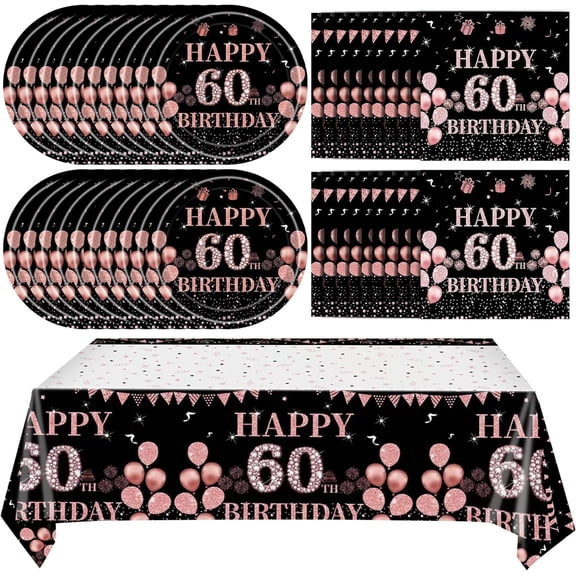 Osmanthus 60th Birthday Decorations for Women, Vintage 60 Birthday Black and Rose Gold Disposable Paper Plates and Napkins Party Supplies for 20 Guests, 41Pcs Include 7" Plates Napkins and Tablecloth
