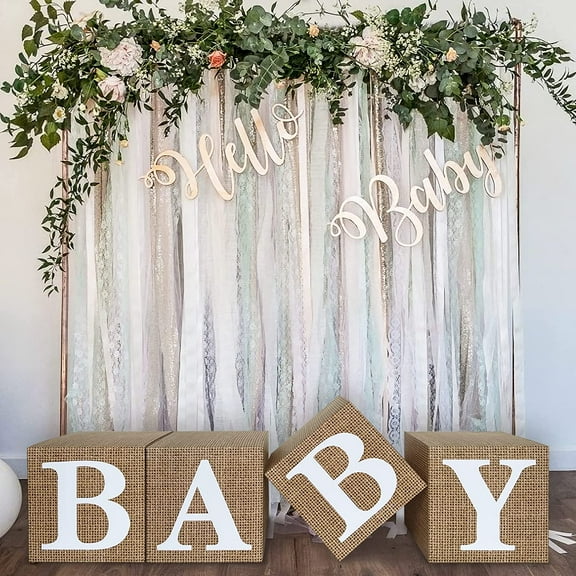 Osmanthus Burlap Print Baby Shower Boxes for Gender Reveal Party Gender Neutral Baby Shower Centerpiece Decor - 4 Pcs Burlap Grain Baby Cubes Baby Blocks with Letters, Rustic Baby Shower Decorations