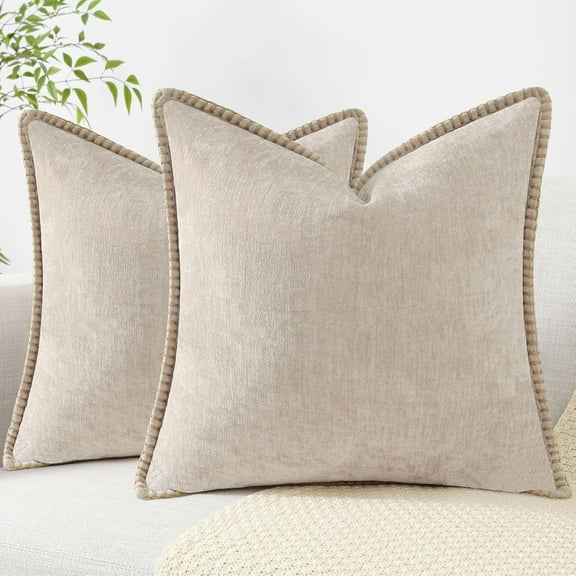 Osmanthus  Chenille Soft Throw Pillow Covers 18x18 Set of 2, Farmhouse Velvet Neutral Decorative Euro Pillow Covers with Stitched Edge for Couch Sofa Bed Home Decor, Beige