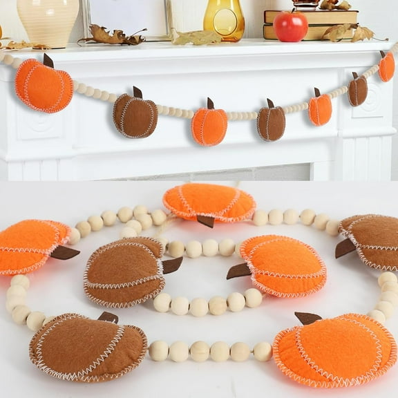 Osmanthus Fall Decor, Fall Decorations for Home, Felt Pumpkin Garland and Wood Bead for Thanksgving Decorations Indoor, Pumpkin Banner for Mantle Wall Decor