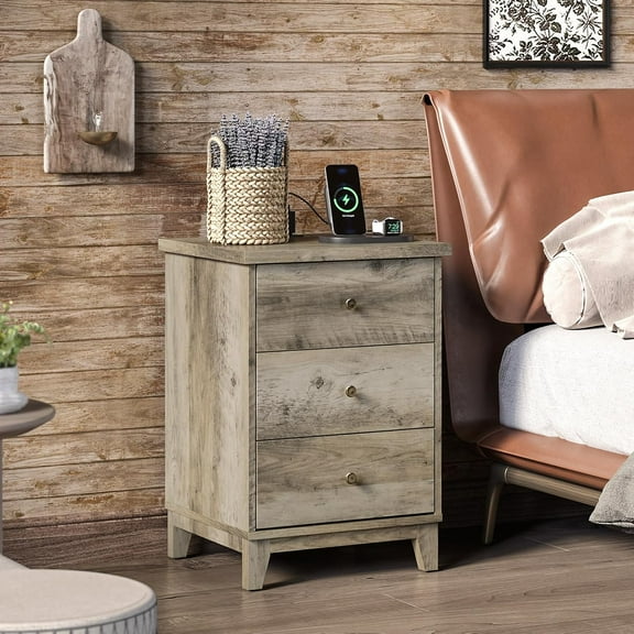Osmanthus Nightstand with Charging Station, Grey Wood Nightstand for Bedroom, 3 Drawer Gray Night Stand with Drawers, Gray Bedside Table, Rustic Grey