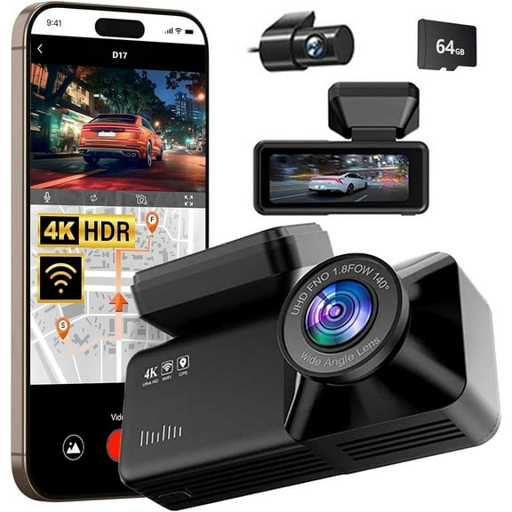 Osmo Dashcam Pro, 4K Wireless Car Dashcam Front and Rear, 5.8GHz WiFi GPS, Built-in 64GB Card, 170+150 Wide AngleParking Mode with Night Vision