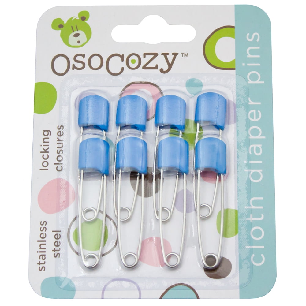 OsoCozy Stainless Steel Locking Diaper Pins, Blue, 8 Count