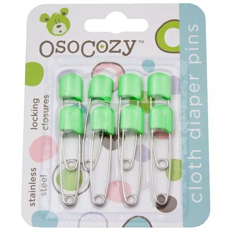 OsoCozy Stainless Steel Locking Diaper Pins, Light Green, 8 Count