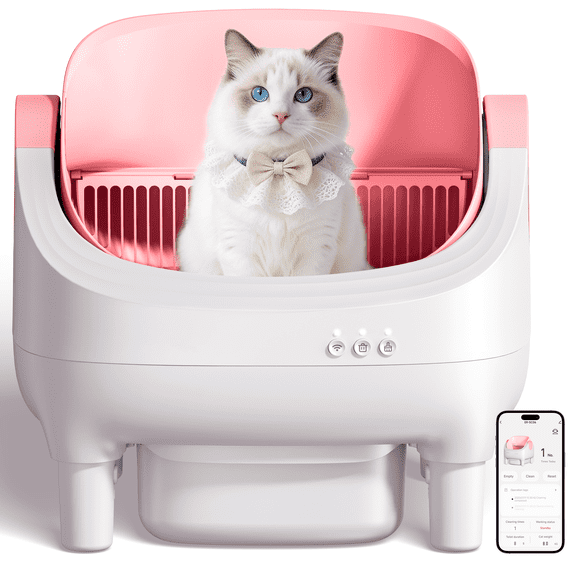 Osoeri Self Cleaning Cat Litter Box, Automatic Litter Box Self Cleaning ,Open Top Large Litter Box for Multiple Cats,with Safety Protection, APP Control,Odor Removal,Mat and Waste Bags Included, Pink
