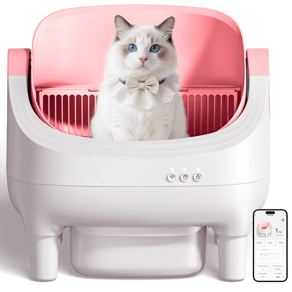 Osoeri Self Cleaning Cat Litter Box, Automatic Litter Box Self Cleaning ,Open Top Large Litter Box for Multiple Cats,with Safety Protection, APP Control,Odor Removal,Mat and Waste Bags Included, Pink
