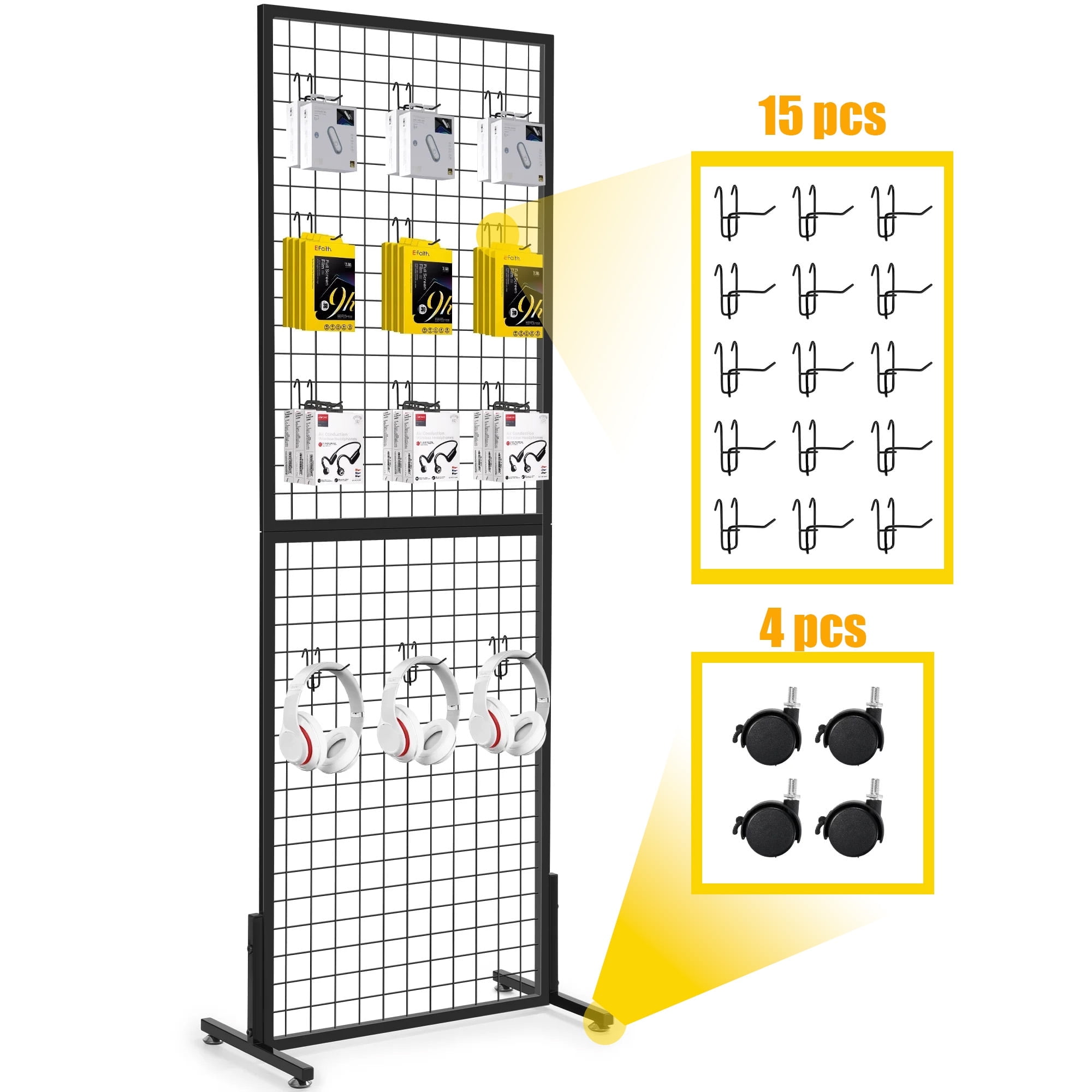 Osoeri 2' x 6' Grid Wall Panel - Metal Wire Wall Mesh, Craft Wall Display Rack, Removable Floor Standing (15 Hooks)
