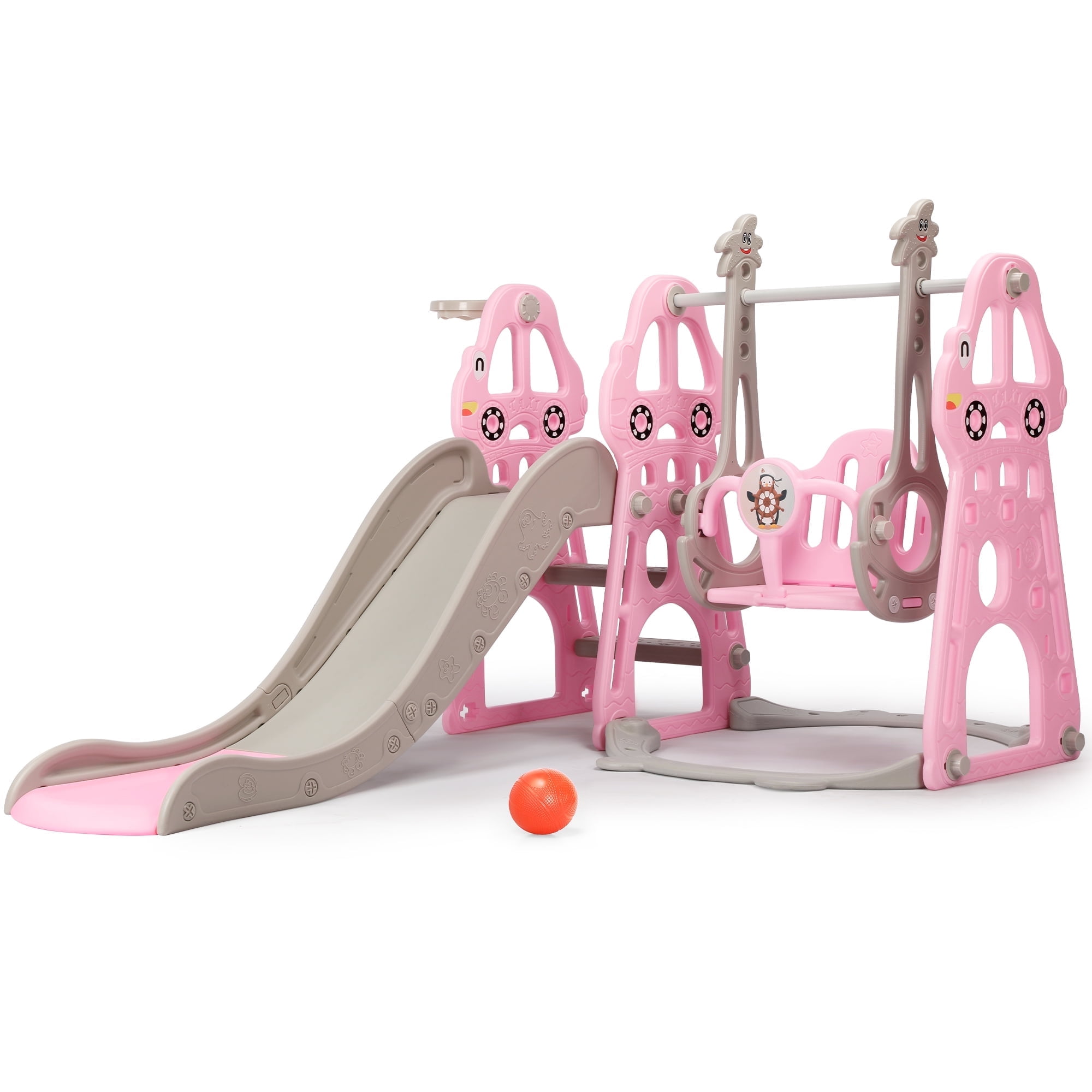 Easoger 4 in 1 Toddler Playset, Pink Indoor Climber, Slide, Swing, Basketball Hoop