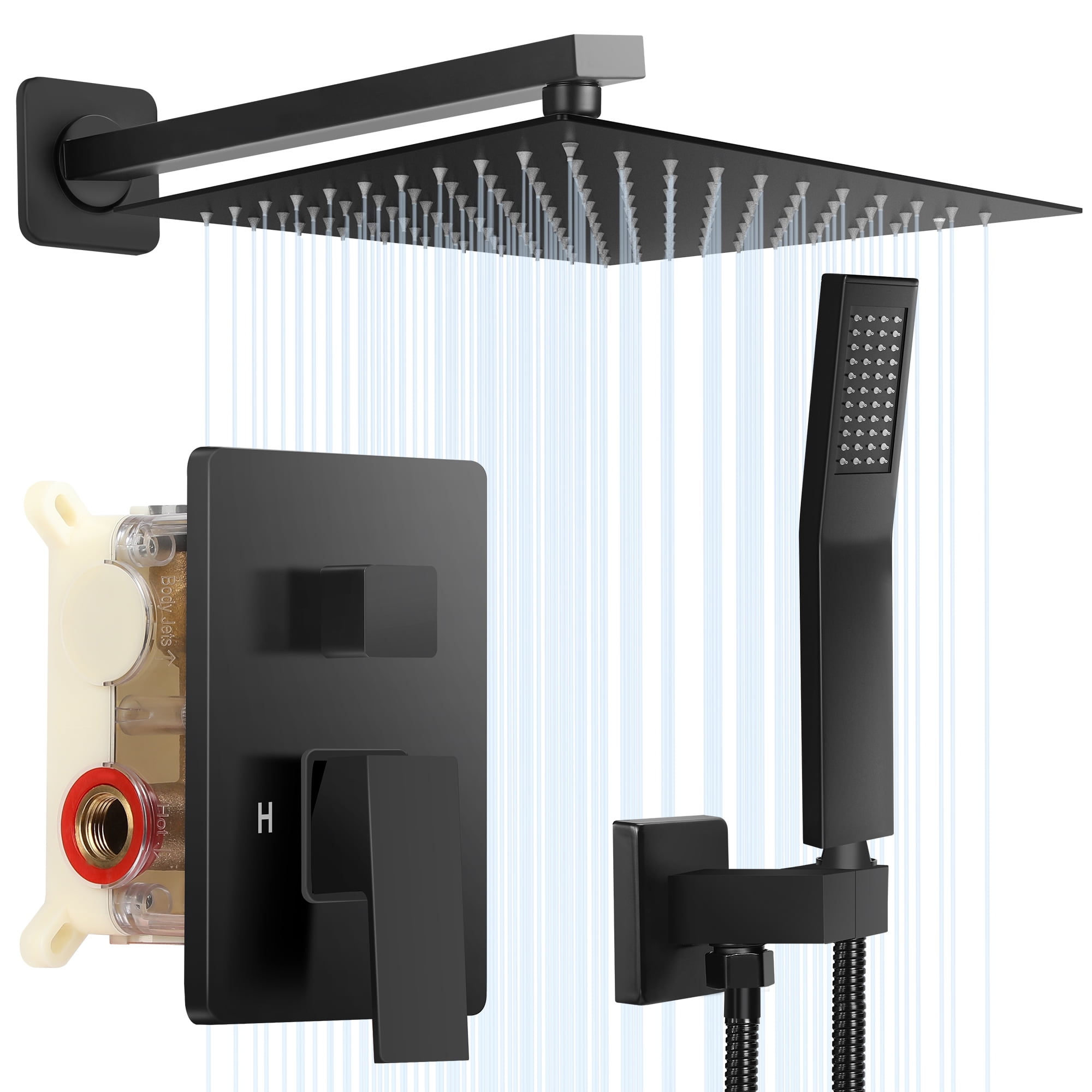 EVERSTEIN Rain Shower Faucet Set Luxury 12 inch Shower Head Thermostatic  CUCP 2.5 GPM Shower System with 6 Massage Body Jets and Handheld Sprayer,  Matte Black 