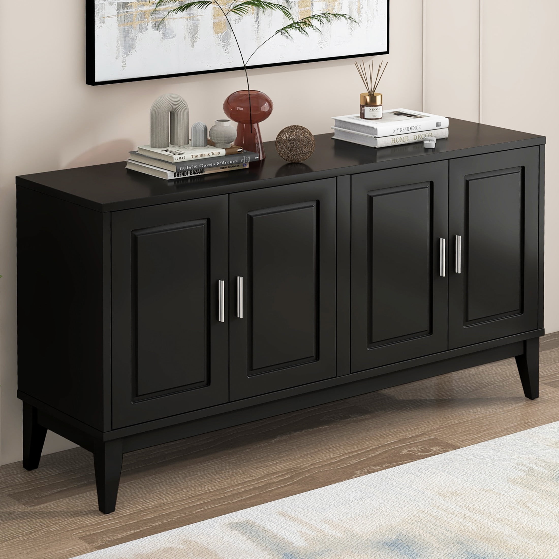 Noble House Ospera Modern 4-Door Storage Cabinet with Adjustable Shelves, Rubberwood, Black