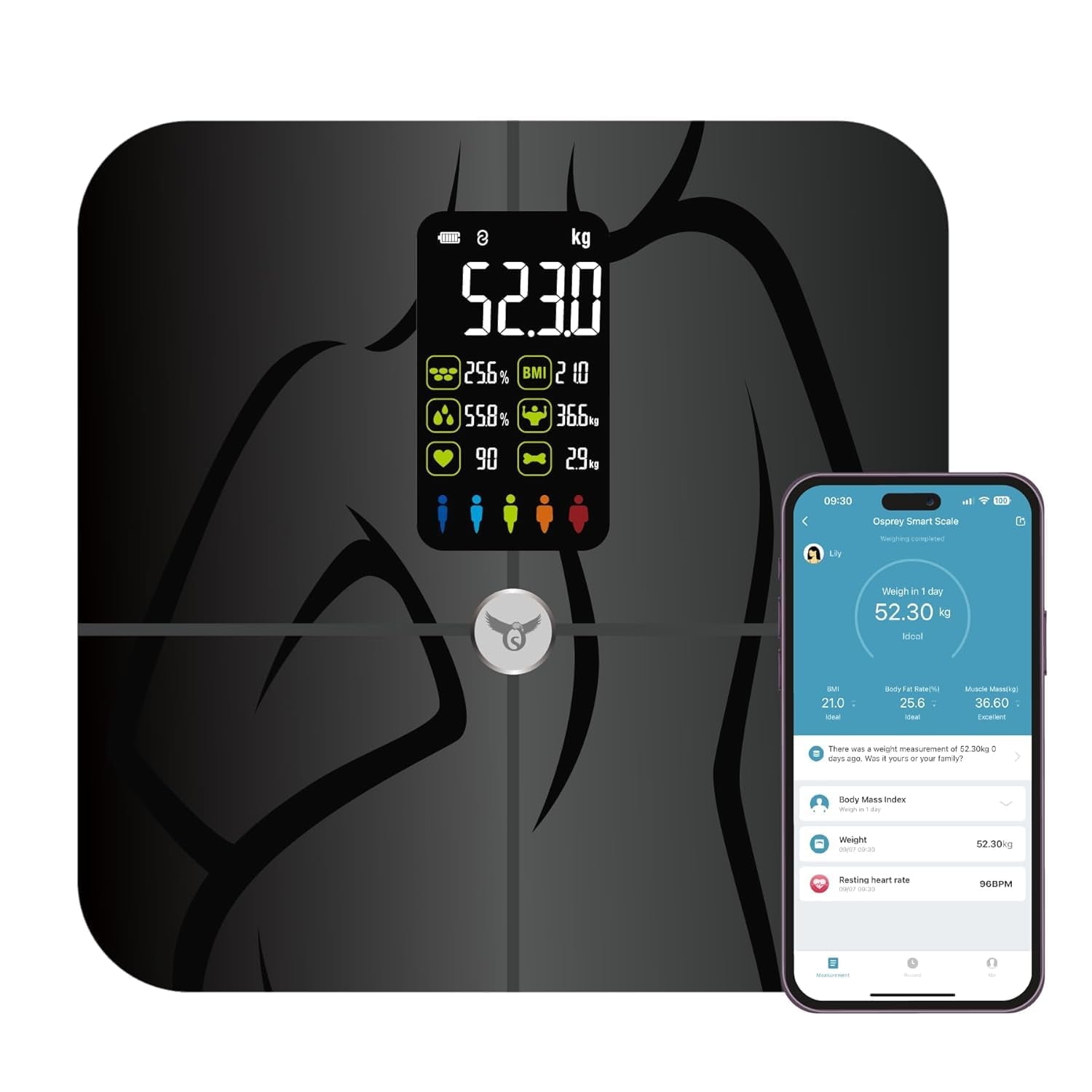 Osprey Smart Scale, Body Weight & Fat Analyzer, Sync to App, High Accuracy, BMI & Heart Rate, 400 lbs Capacity (Black)