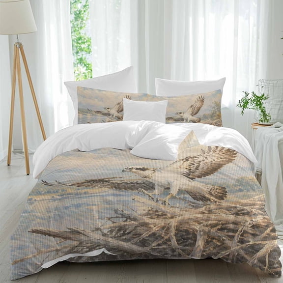 Osprey Twig Nest King Duvet Cover Set, Rustic Cloud Sky Wildlife Beige Brown Textured 4 Piece Microfiber Bedding Set with Zipper Closure, Bed Sheet and 2 Pillow Shams, Soft Bedding Cover