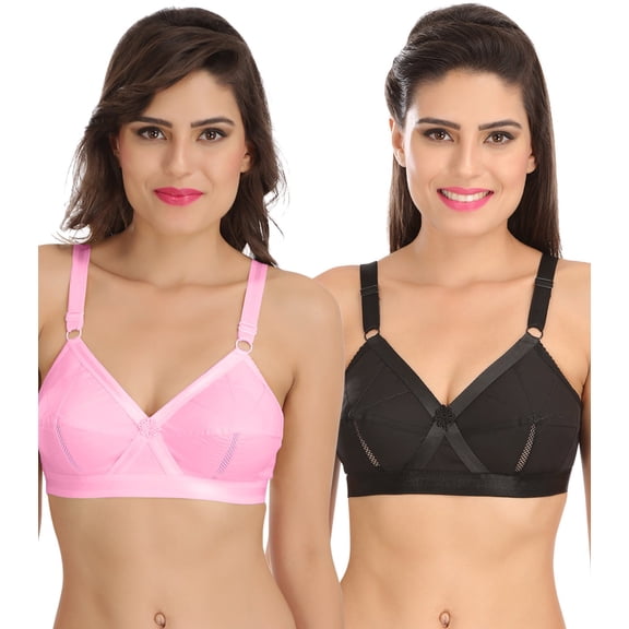 Ossirrio Women Everyday Comfort Full Cup Bra Non Wired Plus Size Cotton Bra Pack of 2 Pink and Black