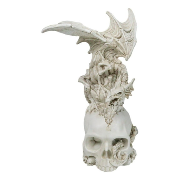 Ossuary Macabre Skeleton Bone Dragon Perching On Gothic White Skull Figurine