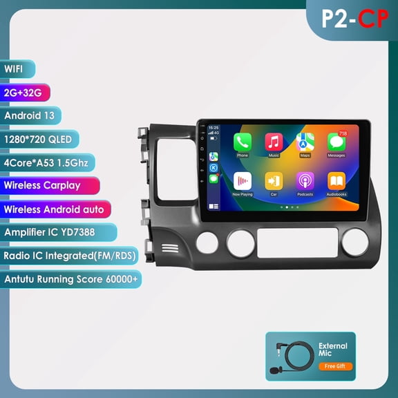 Ossuret Android Auto Apple CarPlay 2+32GB Wifi AUX Car Stereo Radio Head Unit Multimedia GPS Navigation Player In Dash For Honda Civic 2006 2007 2008 2009 2010 2011