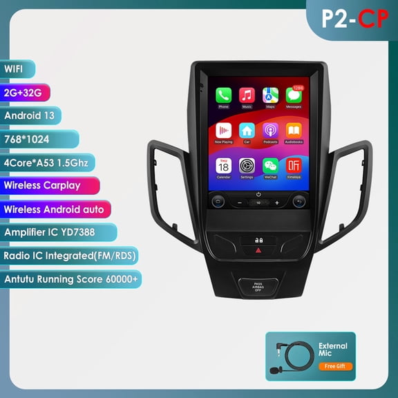 Ossuret Apple CarPlay Android 13 Bluetooth 2+32GB Wifi AUX Car Stereo Radio Head Unit Multimedia GPS Navigation Player In Dash For Ford Fiesta 2009 2010 2011 2012 2013 2014 2015 2016