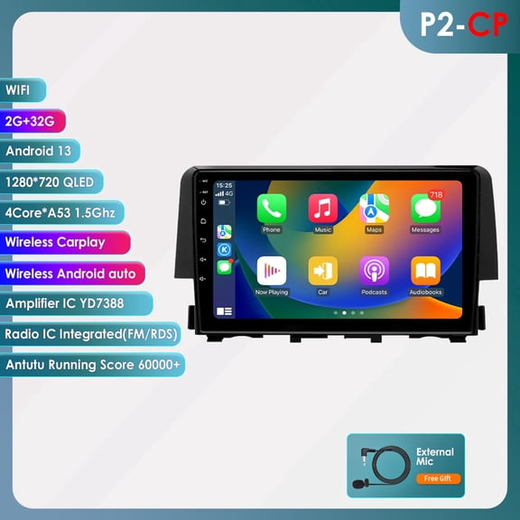 Ossuret Bluetooth Android 13 Apple CarPlay 2+32GB WiFi AUX Car Stereo Radio Head Unit Multimedia GPS Navigation Player In Dash For Honda Civic 2016 2017 2018 2019 2020 2021