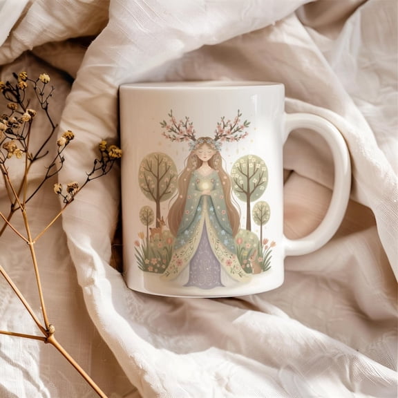 Ostara Mug, Spring Equinox Gift, Pagan Goddess Cup, Blooming Antlers Art, Woodland Nursery Dr, Nature Witch Gift.
