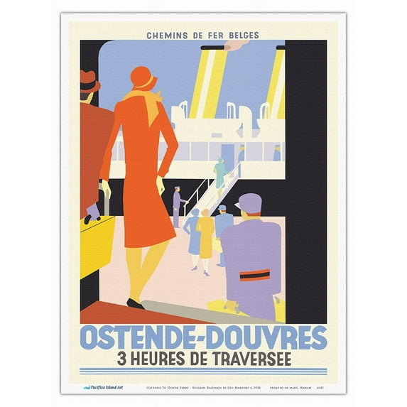 Ostende Belgium to Dover (Douvres) England Ferry Service - Belgian Railways - Vintage Railroad Travel Poster by Léo Marfurt c.1938 - Master Art Print (Unframed) 9in x 12in