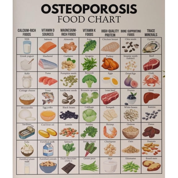 Osteoporosis Food List Poster, Bone Density Diet Chart Poster, Calcium Rich Grocery List Poster, Dietary Restriction Avoidance Format Poster
